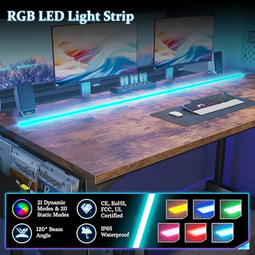 DurayLoly 32" Gaming Desk with Waterproof LED Lights for Bedroom,Brown - color: Rustic Brown, size: 32 IN