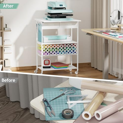 Homsorout Movable Heat Press Table with Drawer & Hooks, 23.6''×19.6'' - style: White