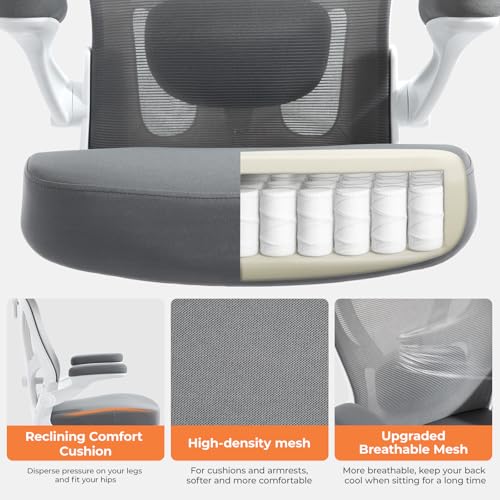 Ergonomic Office Chair, Mesh Office Desk Chair, Grey, 1 Pack | Lumbar Support, Head Support, Rocking Function, Flip-up Armrests, Mesh High Back, Suitable for Home, Office - color: Grey
