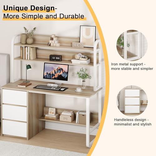 MaverickFurni 55 Inch Computer Desk with Hutch and 3 Drawers, Natural Oak - color: Natural Oak, size: 55"W