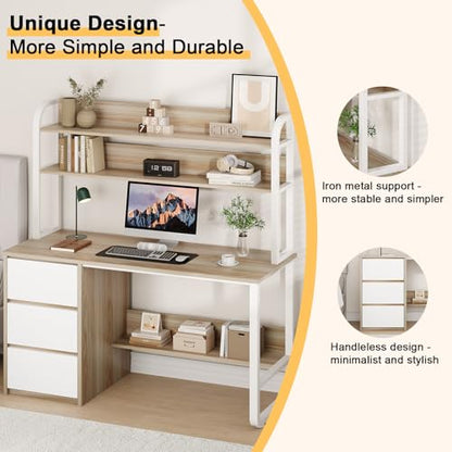 MaverickFurni 55 Inch Computer Desk with Hutch and 3 Drawers, Natural Oak - color: Natural Oak, size: 55"W