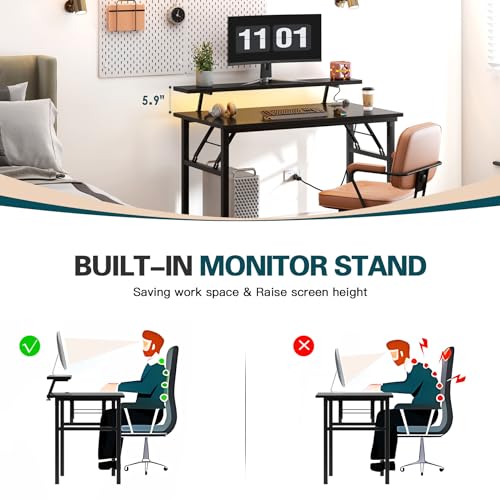 DlandHome 47" Computer Desk with Power Outlets & LED Lights, Black, Bedroom - color: Black + Black, size: 47 Inches + Outlets