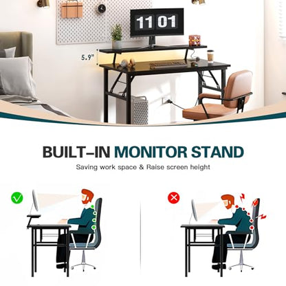 DlandHome 47" Computer Desk with Power Outlets & LED Lights, Black, Bedroom - color: Black + Black, size: 47 Inches + Outlets