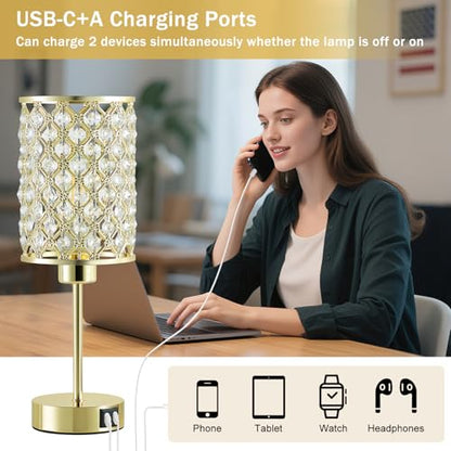 GyroVu Gold Crystal Bedside Table Lamps Set of 2 with USB C+A Ports - color: Gold-2, size: 14.75"