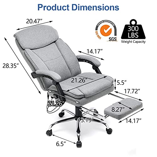 HOMREST Reclining Office Chair with 4-Point Massage, Breathable Fabric Executive Chair with Retractable Footrest, Ergonomic Computer Chair with High Back, Reclining Gaming Chair for Home, Light Grey