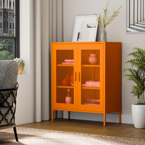 Ustamio Orange Metal Storage Cabinet with Mesh Doors, Small Office Cabinet with 2 Adjustable Shelves, Accent Metal Locker Storage Cabinet for Home, Office, Living Room, Hallway - color: Orange, size: 40"H-Mesh Doors