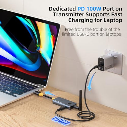 650Ft/200M Wireless USB-C to HDMI KVM Transmitter and Receiver Kit 1080P@60Hz Wireless KVM Long-Range USB Extender Support Screen Streaming & Keyboard/Mouse Signal Extension, PD100W Fast Charging - color: Silver