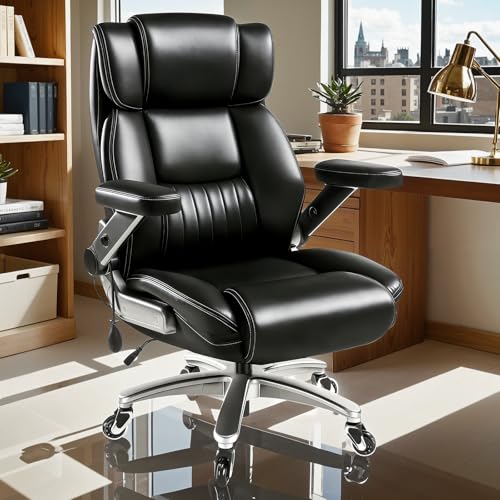 650LBS Large Heavy Duty Executive Office Chair with 5D Flip Arms and Pocket Spring Cushion, Ergonomic Big and Tall Desk Chair with Lumbar Support,High Back PU Leather Computer Chair - color: Pu Leather-black