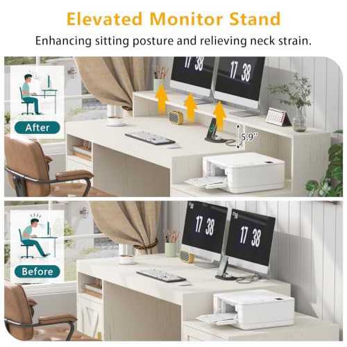 TVU 65" White Computer Desk with Drawers and Printer Stand for Home Office - color: White