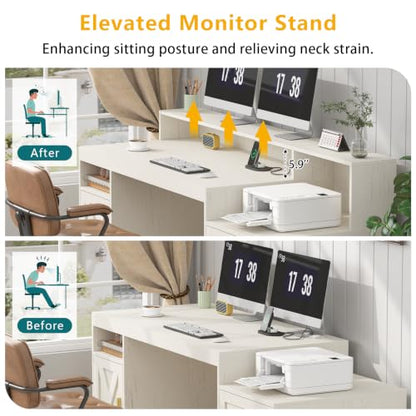 TVU 65" White Computer Desk with Drawers and Printer Stand for Home Office - color: White