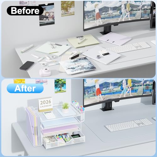 gianotter Desk Organizers and Accessories with File Holder, 4-Tier Desk Accessories & Workspace Organizers with Drawer and 2 Pen Holder, Paper Organizer for Office Supplies (White) - color: White, size: 4T
