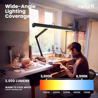 Neatfi 3,000 Lumens Ultra LED Desk Lamp with Clamp, 30W Dimmable Monitor Light, 5 Brightness Levels & 5 Light Modes (Black, 28 Inches with Metal Arm) - color: Black, size: 28 Inches with Metal Arm