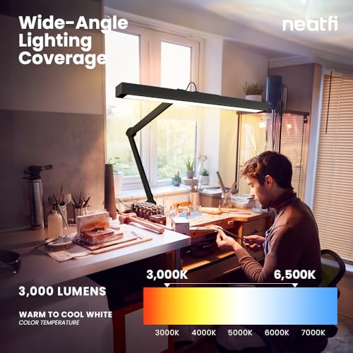 Neatfi 3,000 Lumens Ultra LED Desk Lamp with Clamp, 30W Dimmable Monitor Light, 5 Brightness Levels & 5 Light Modes (Black, 28 Inches with Metal Arm) - color: Black, size: 28 Inches with Metal Arm
