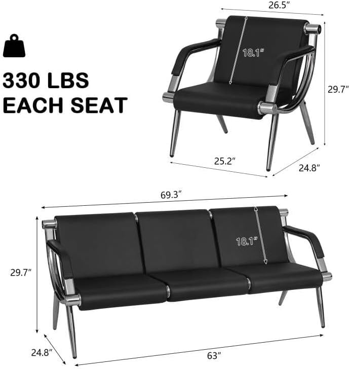 Kinsuite 5-seat Waiting Room Chairs - 3pcs Office Reception Chairs for Salon Barber Bench Airport Bank Hall PU Leather, Black - size: 1-seat*2+3-seat
