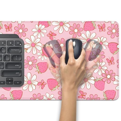 Strawberries and Flowers Extended Desk Pad Mouse Pad,Large Gaming Butterfly Floral Mouse Mat with Stitched Edges,Non-Slip Rubber Base Mousepad for Office PC Keyboard Laptop Home - color: Pink Butterfly Strawberry Flower