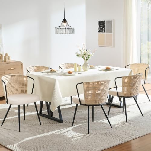 BedsPick Rattan Dining Chairs Set of 6 - Farmhouse Upholstered PE Rattan Kitchen Chair with Boucle Cushion, Wingback Dining Room Seat with Cane Back and Metal Legs for Home, Kitchen (Off White) - color: Off White, size: 6 packs
