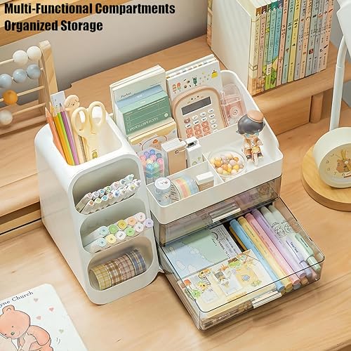 Desk Organizer with Pen Pencil Holder, Pen Organizer with 2 Drawers & 4 Compartments, Desktop Organizers and Storage for Office Home School Art Supplies (Black)