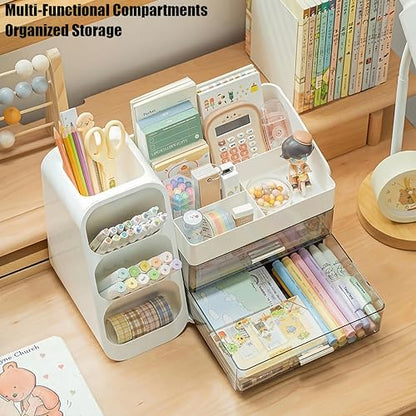 Desk Organizer with Pen Pencil Holder, Pen Organizer with 2 Drawers & 4 Compartments, Desktop Organizers and Storage for Office Home School Art Supplies (Black)