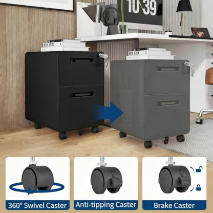 Garvee Mobile File Cabinet with Lock, 2 Drawer File Cabinet with Lock | 2 Drawer Under Desk Metal Rolling Filing Cabinets for Home Office Legal/Letter File Folders, Fully Assembled - color: Black Color