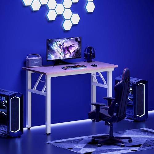 DlandHome 31.5 Inch Small Folding Computer Desk for Home Office, Pink Oak - color: Pink Oak + White, size: 31.5 Inches