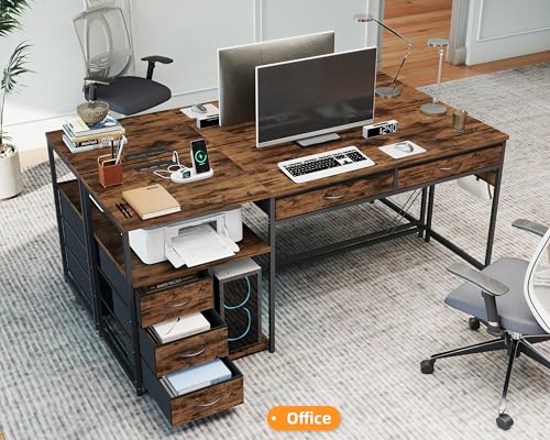 60" Computer Desk with 5 Fabric Drawers, Gaming Desk Table | Desk with Storage and Power Outlets, for Adults and Teenagers Working Writing Study, Rustic Brown - color: Rustic Brown, size: 18.9"D x 60"W x 30.7"H