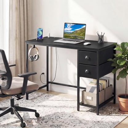 GIANTEX Computer Desk with Charging Station, 38" Home Office Desk w/ 2 Fabric Drawers, Storage Shelf & Headphone Hook, Industrial Study Work PC Table, Writing Desk for Small Spaces (Black) - color: Black