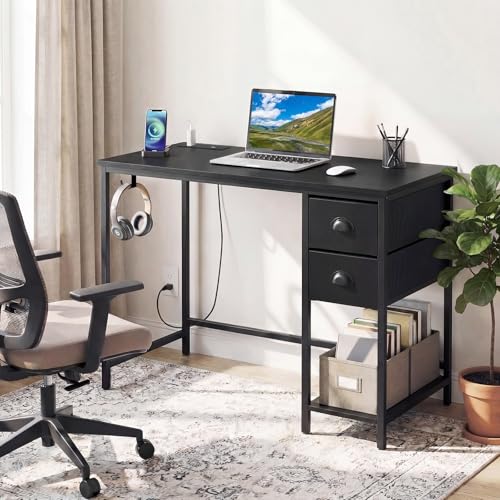 GIANTEX Computer Desk with Charging Station, 38" Home Office Desk w/ 2 Fabric Drawers, Storage Shelf & Headphone Hook, Industrial Study Work PC Table, Writing Desk for Small Spaces (Black) - color: Black