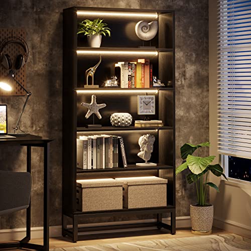 Tribesigns Tall Bookcase Black Bookshelf, 70.8” Large Bookcases Organizer with LED Lights, Heavy Duty Free-Standing Library Bookshelf with 5-Tier Storage Shelves for Living Room, Bedroom (Black) - color: Black