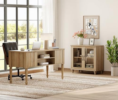 WAMPAT Home Office Furniture Set, 56'' Executive Desk with Charging Station, Farmhouse Cabinet with Glass Doors, Wood Computer Desk with File Cabinet, Open Shelf, Oak - color: Oak
