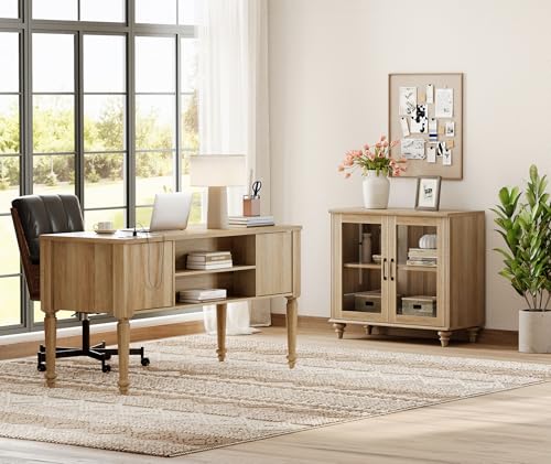 WAMPAT Home Office Furniture Set, 56'' Executive Desk with Charging Station, Farmhouse Cabinet with Glass Doors, Wood Computer Desk with File Cabinet, Open Shelf, Oak - color: Oak