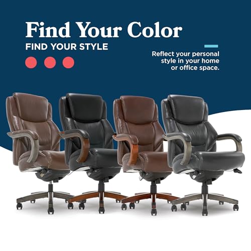 La-Z-Boy Delano Big and Tall Executive Office Chair - Ergonomic Lumbar Support Memory Foam - Bonded Leather Desk Chair for Home Office - Weathered Grey Wood Arms - Black - color: Black With Weathered Gray Wood