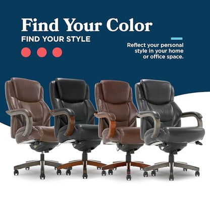 La-Z-Boy Delano Big and Tall Executive Office Chair - Ergonomic Lumbar Support Memory Foam - Bonded Leather Desk Chair for Home Office - Weathered Grey Wood Arms - Black - color: Black With Weathered Gray Wood