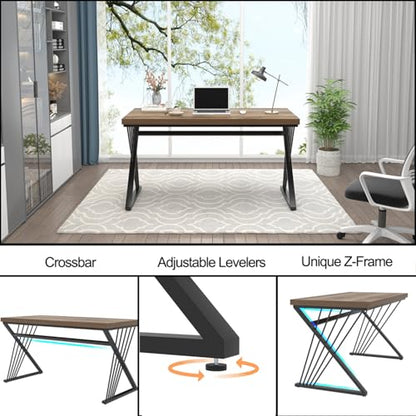 Computer Desk, Modern Home Office Desk, Wood and Metal Study Writing Gaming Table for Bedroom Living Room, Rustic Oak, 53 Inch - color: Oak, size: 53 Inch