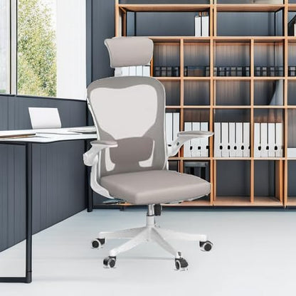 Monhey Office Chair Ergonomic Desk Chair with Lumbar Support&Headrest&Flip-up Arms Height Adjustable Rocking Swivel Computer Chair Multi-Angle from 90° to 125° with 350LBS Capacity (02White+Khaki) - color: 02white+khaki