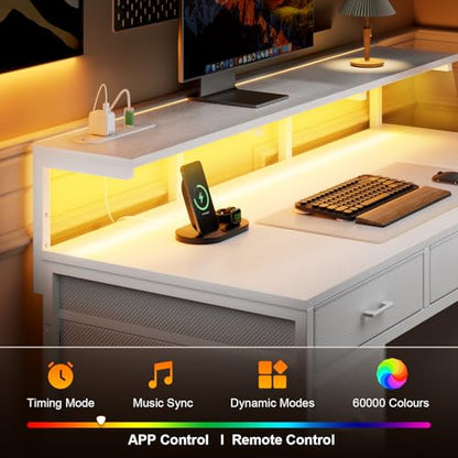 HLDIRECT 47 Inch Gaming Desk with LED Light and 8 Storage Drawers, White - color: White