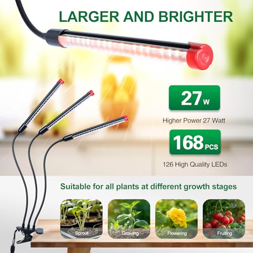 Clip Grow Lights for Indoor Plants, Seed Starting, Bonsai, 4/8/12/16/20H Timer, Full Spectrum Plant Growing Lamps, 27 Watt Power Draw, NO Need Adapter, 360° Gooseneck - size: Clip-3Head-27W