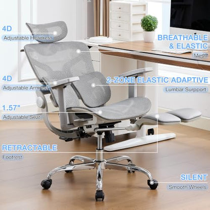 Ergonomic Mesh Office Chair with 2-Zone Lumbar Support and Footrest,Grey | Big and Tall, 400LBS, Adjustable Seat Depth, 4D Headrest, 4D Armrests Swivel Executive Chair for Home Office - color: Grey