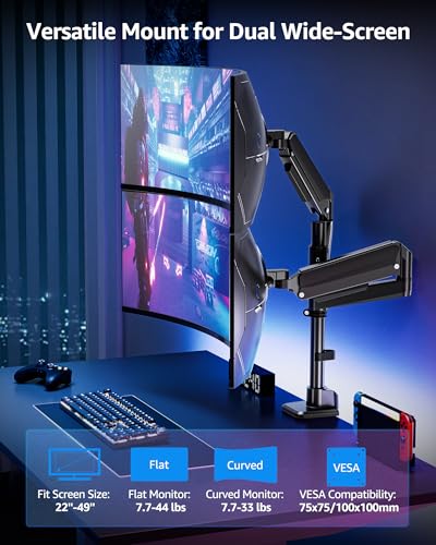 MOUNTUP Dual Monitor Stand Fits 49 45 42 40 39 34 32 Inch Screens, Heavy Duty Dual Monitor Arm Holds 7.7-44 lbs, Vertical Stacked Monitors Mount, Full Motion, Height Adjustable, VESA Mount - size: Dual(22''-49'')