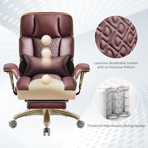 Executive Desk Chir with Adjustable Air Back Support, Luxury Ergonomic PU Leather Office Chair with Lumbar Massage High-Back 3-Level Tilt 360° Swivel Silent Wheels Height Adjustment,Footrest, Brown - color: Brown