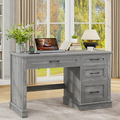 Vabches Farmhouse 47" Executive Desk with Charging Station, Grey | Computer Desk with Drawers, Workstation Computer Desk with File Drawer for Home Office,Study. - color: Grey