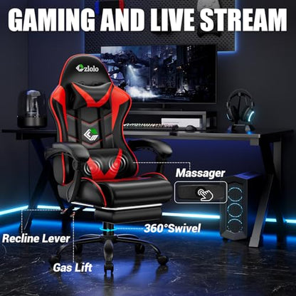 Czlolo Gaming Chair with Footrest Racing Style Lumbar Support Massager Video Game Chair with Metal Legs, High Back Reclining Gamer Chair with Headrest, 360° Swivel Office Computer Desk Chair (Red) - color: Red