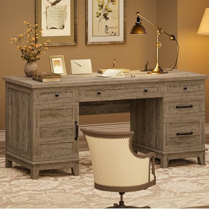 GarveeHome Farmhouse Executive Desk with File Drawers, 60 in Home Office Desk with Charging Station, Wooden Computer Desk with Cabinet Storage for Work Study Writing, Rustic Gray - color: Rustic Gray