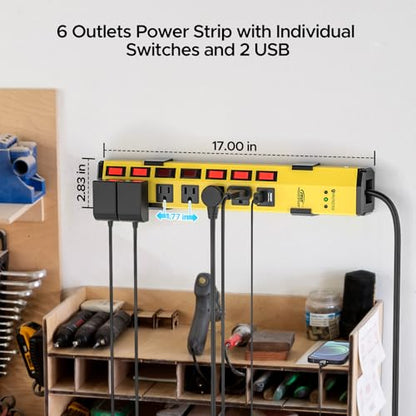CRST 6 Outlet Metal Power Strip with 2 USB (3.4A) & Individual Switches - color: Yellow+2USB-6FT, size: 6FT