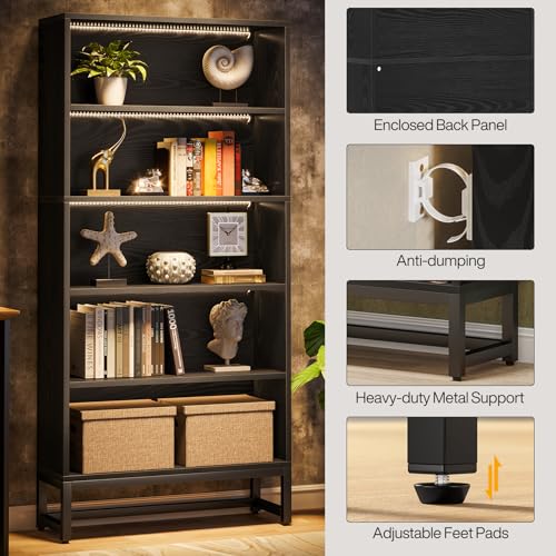 Tribesigns Tall Bookcase Black Bookshelf, 70.8” Large Bookcases Organizer with LED Lights, Heavy Duty Free-Standing Library Bookshelf with 5-Tier Storage Shelves for Living Room, Bedroom (Black) - color: Black