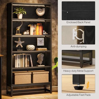 Tribesigns Tall Bookcase Black Bookshelf, 70.8” Large Bookcases Organizer with LED Lights, Heavy Duty Free-Standing Library Bookshelf with 5-Tier Storage Shelves for Living Room, Bedroom (Black) - color: Black