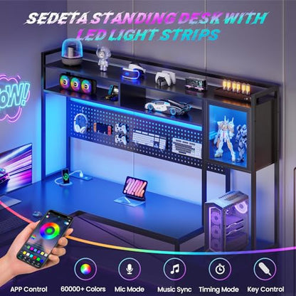 SEDETA Reversible L Shaped Gaming Desk with 6 Drawers, Hutch, Led Lights - color: Black