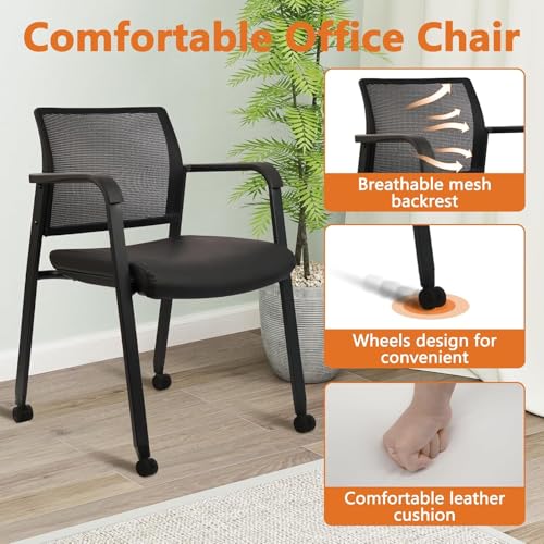CLATINA Stacking Office Chair with Wheels, Mesh Back Waiting Room Guest Chairs with Arms Comfortable Leather Cushion Stackable Desk Chair for Conference Reception School, Black, 8 PK