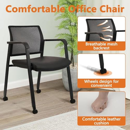 CLATINA Stacking Office Chair with Wheels, Mesh Back Waiting Room Guest Chairs with Arms Comfortable Leather Cushion Stackable Desk Chair for Conference Reception School, Black, 8 PK