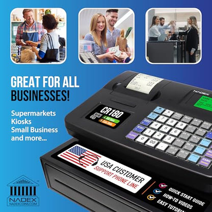 Nadex CR180 Electronic Cash Register, Steel Cash Drawer, Compact Design, Black