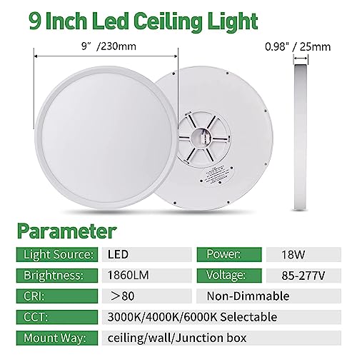 9Inch 4PK White LED Flush Mount Ceiling Light,18W,1860LM, 3CCT Selectable | 3000K/4000K/6000K CCT Selectable, White Close to Ceiling Round Flat Panel Light, Super Slim LED Ceiling Light for Bedroom - color: White, size: 9"-4PK